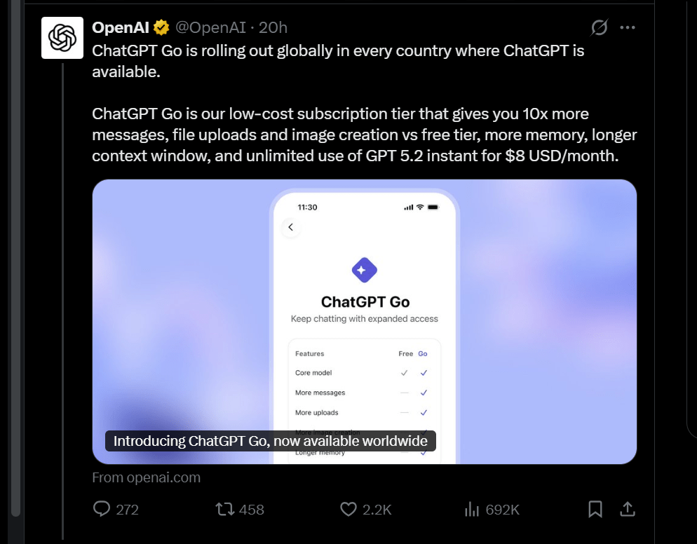 ChatGPT Go subscription